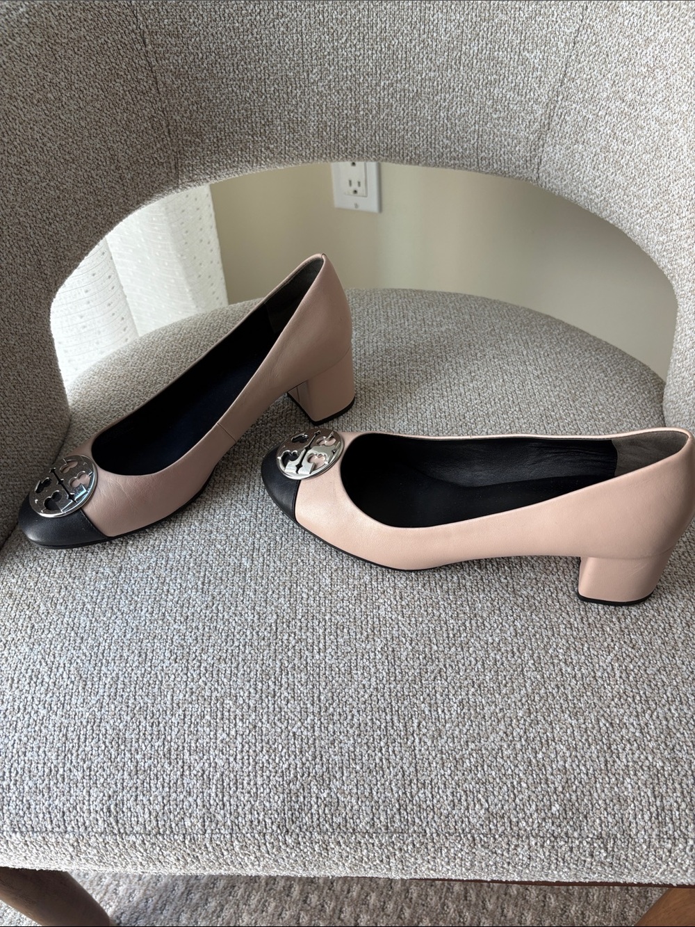 Tory Burch Beige and  Black Leather Block Heel Pumps